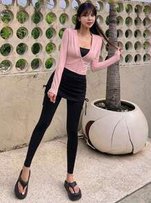 DAZY Women's Solid Color Fitted Elastic 2 In 1 Skirt With Spliced Leggings, Bowknot Waist Tie, Athleisure Appropriate For All Seasons Tights - Black - View 3