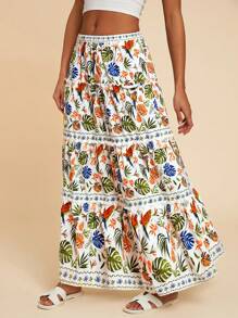 Travachic 女士度假雪纺花卉印花百褶高腰宽松半身裙 - 白色 - 查看 4