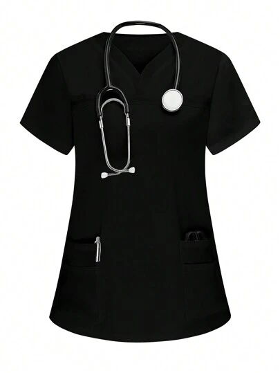 PopScrub Short Sleeve Women Nurse Scrub Top With Pockets, Uniform