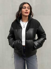 EURMUSE Women PU Leather Patchwork Metal Zipper Casual Fashionable Padded Coat - Black - View 6