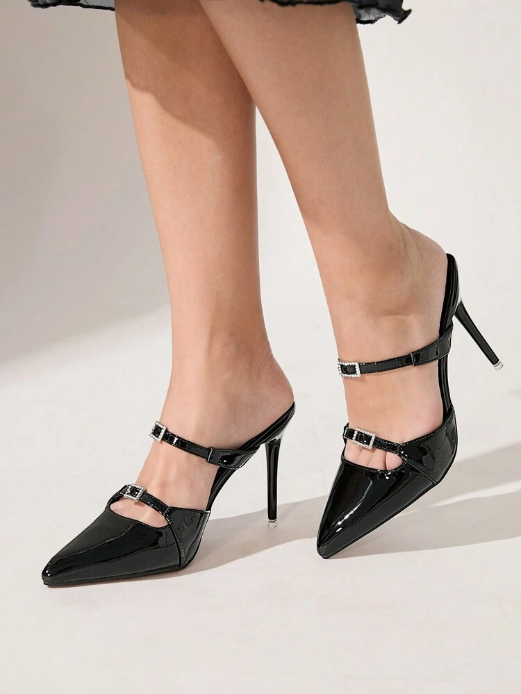 CUCCOO CHICEST Tacones altos de punta puntiaguda y estilo stiletto para mujer, elegantes taconcitos de estilo dama negros de corte bajo con hebilla de rhinestone, sandalias sexys y versátiles de tacón medio para el Día de San Valentín