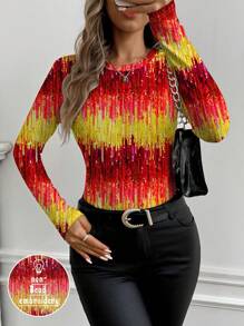 ORANGE STUDIO Artist Ombre Sequin Print Fitted Women T-Shirt, Party Top For Holiday Season, New Year, Going Out, Festival - Multicolor - View 5