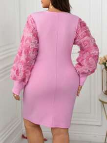 Celure Plus Size Women French Elegant Sweet V-Neck Waisted 3D Floral Sleeve Short Dress