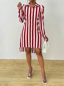 EMERY ROSE Casual Color Block Striped Bishop Sleeve Shirt Dress, Autumn