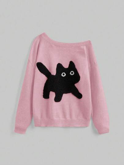 Kawaii Suéter holgado de punto con cuello asimétrico y bordado de gato lindo y casual para señorita
