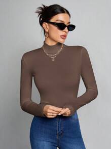 SHEIN Tall Top blanco de cuello alto, delgado y de unicolor simple, adecuado para otoño e invierno - Marrón Chocolate - Ver 3