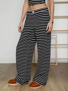 SHEIN EZwear Pantalones de punto a rayas negras y blancas informales para mujer