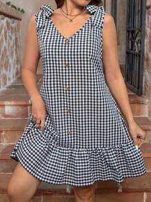 SHEIN LUNE 女士夏季连衣裙 加大码格子无袖 V 领鱼尾裙，肩部饰有蝴蝶结 女士夏季服装 女士生日服装 情人节连衣裙 露肩连衣裙 黑白格子无袖连衣裙，肩部饰有蝴蝶结 短款连衣裙 女士夏季服装 情人节连衣裙 太阳裙 - 黑與白 - 查看 1