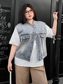 SHEIN EZwear Plus Size Casual Washed Sleeveless Denim Jacket With Wide Shoulders - Light Wash - View 3