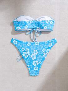 Conjunto de 2 piezas de bikini para mujer con flores pequeñas de contraste, escote sin tirantes, cordón y asimétrico, con tirantes desmontables, adecuado para vacaciones, salidas y fiestas
