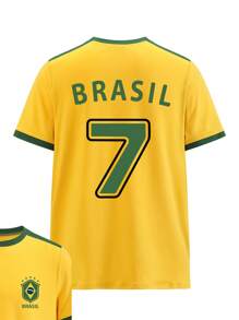 Manfinity Dauomo Brazil Letter & Number Print Casual Loose Short Sleeve T-Shirt For Plus Size Men - Yellow - View 1