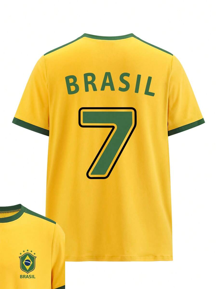 Manfinity Dauomo Brazil Letter & Number Print Casual Loose Short Sleeve T-Shirt For Plus Size Men - Yellow - View 1