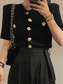 DAZY Women Short Sleeve Knit Top, Black, Spring/Summer SpringStyle - Black - View 3