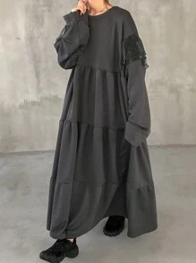 FRIFUL 女士圆领拼接薄纱荷叶边下摆中长款分层蛋糕连衣裙，秋季连衣裙长袖连衣裙 - 灰色 - 查看 2