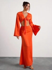 Glamine Conjunto de 2 piezas elegante de alta costura con top corto de manga larga con escote retorcido en satén naranja y falda larga ajustada con cremallera trasera, ideal para el Día de San Valentín
