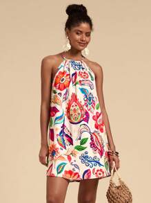 Travachic Vacation Woven Print Ruffled Shoulder Women Mini Dress - Multicolor - View 1