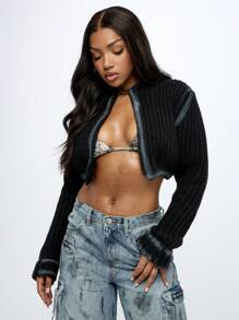 SUMWON WOMEN 粗针织连帽开衫冬季短款毛衣秋季长袖披肩前开襟时尚麻花针休闲家居服