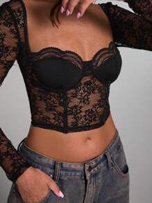 SHEIN BAE 女式甜心领长袖蕾丝拼接黑色紧身胸衣上衣性感新年上衣，新年女装，女式紧身胸衣上衣