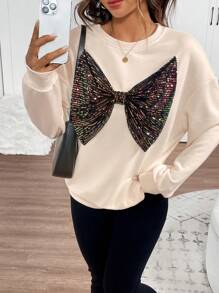 INAWLY Women's Bow Decor Crew Neck Long Sleeve Casual Pullover Sweatshirt Fall - Apricot - View 4