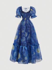 SHEIN MOD 梵高星夜印花蓝色女士长裙、万圣节服装、派对礼服 - 藍色 - 查看 4