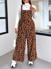 Flirla Plus Size Chenille Leopard Print Jumpsuit - Coffee Brown - View 5