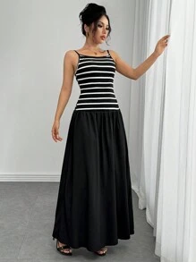 Chiquease Fashionable & Elegant Striped Knitted Camisole Dress With Contrasting Colors