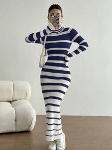 Flirla Casual Versatile Color Block Striped Long Sweater Dress