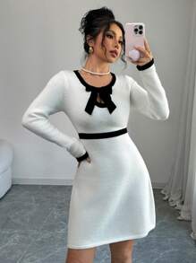 Elenzga 撞色饰边蝴蝶结前襟毛衣裙 - 白色 - 查看 2