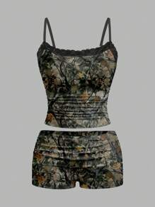 ORANGE STUDIO Artist Y2k Women's Camo Sexy Lace & Branch Print Knit Camisole Top And Shorts 2 Pieces Set, For Holiday, Vacation, Spring & Summer, Going Out Rave Outfits Festival, Ibiza Fits