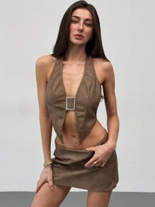 Aloruh مجموعة 2 قطعة من ملابس علوية سادة اللون والتنورة القصيرة المزينة برينستون للمرأة - بني - مشاهدة 3