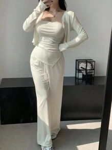DAZY 3pcs Women Simple Solid Color Fitted Outfit Set - Beige - View 7