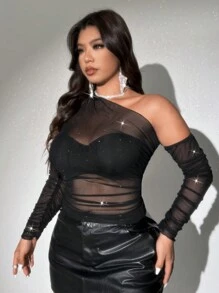 Viva Relle Plus Size Sexy Asymmetrical Glittering Mesh Ruched Blouse With Asymmetrical Neck Design,Valentine - Black - View 7