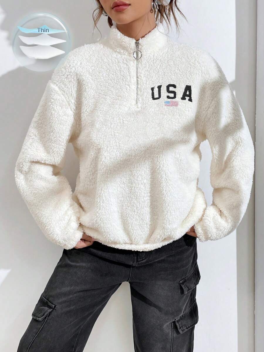 SHEIN NovaGlow Tween Girls Reversible Embroidered Letter Pullover Sweatshirt - White - View 1