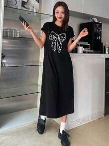 DAZY Women Bow Print T-Shirt Midi Dress Sundress,Casual Women Dresses
