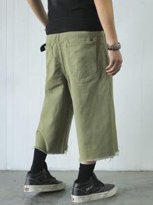 Manfinity EMRG 男士纯色牛仔短裤，休闲日常穿着 - 綠色 - 查看 2