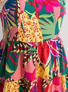 Soleia Plus Size Women's Boho Vacation Colorful Printed Bowknot Shoulder A-Line Mini Dress, For Summer,Beach Dress Sundress,Holiday Outfits