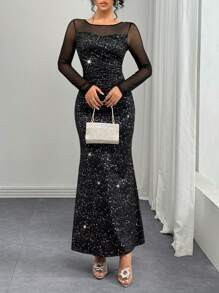 Rafferiza 性感优雅迷人合身日常穿着弹力网眼撞色鱼尾连衣裙，黑色，金箔材质，女士秋冬装 - 黑色 - 查看 4