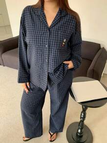 Dazy Petite Plus Plus Size Cartoon Pattern Embroidered Navy Pajama Set, Suitable For All Seasons - Navy Blue - View 8