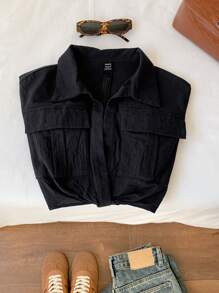 Comfortcana Women Summer Flap Pocket Knot Hem Crop Shirt,Short Sleeve Tops - Black - View 4