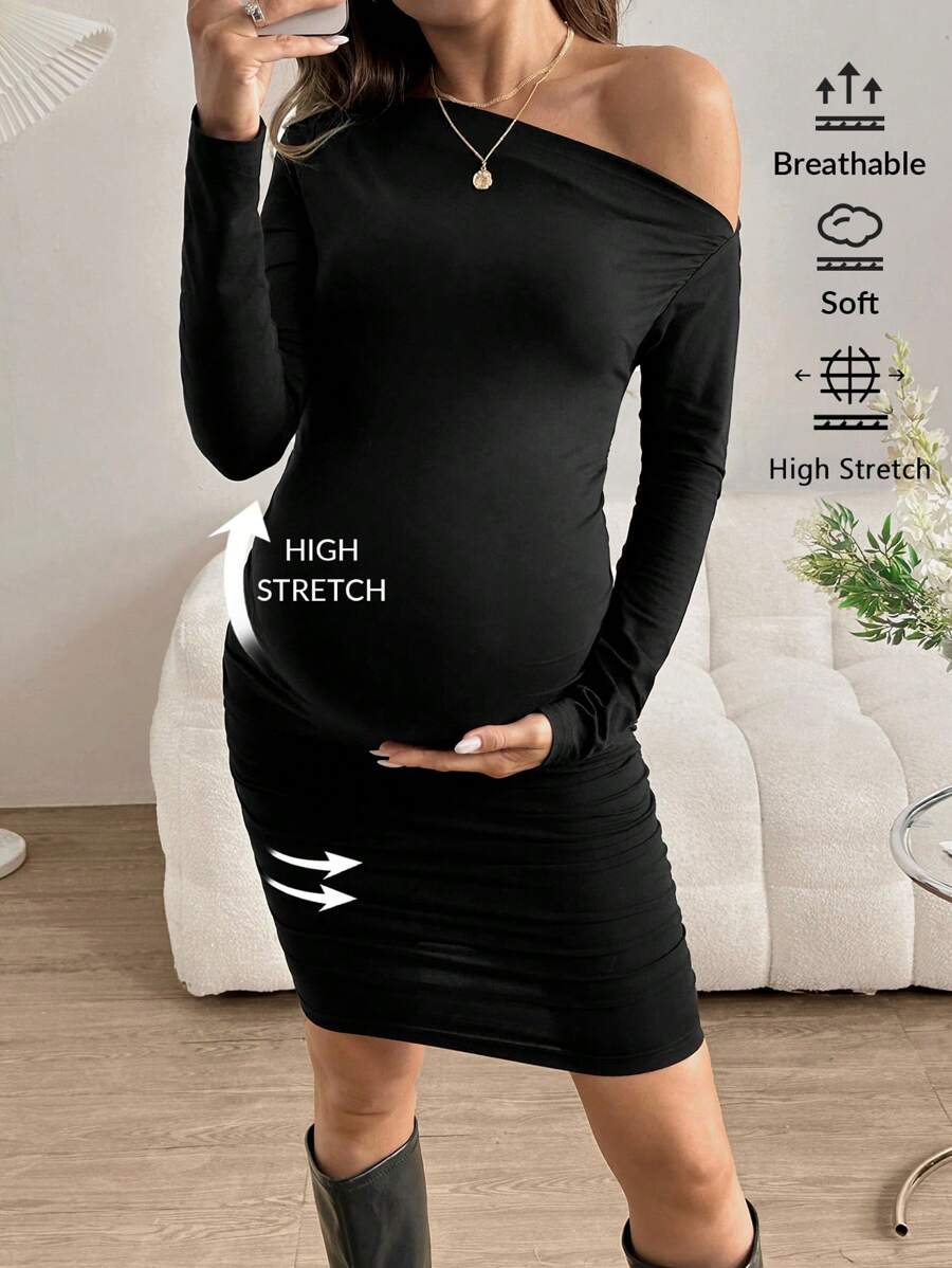 SHEIN Váy mini dài tay màu đen xếp ly vai bất đối xứng mới cho mùa thu dành cho phụ nữ, dáng ôm vừa vặn cho bà bầu - màu đen - Xem 1