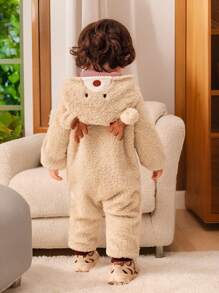SHEIN Bộ đồ liền thân mềm mại ấm áp dày dặn họa tiết tuần lộc Giáng sinh dễ thương cho bé trai và bé gái sơ sinh, thích hợp mặc ở nhà và ngoài trời - Màu Khaki - Xem 2