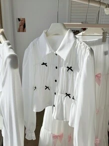 Comfortcana 女式秋季蝴蝶结装饰长袖褶皱休闲衬衫 - 白色 - 查看 4