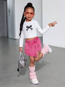 SHEIN Young Girl Y2K Cute Pink Denim Skort, New Year - Pink - View 3