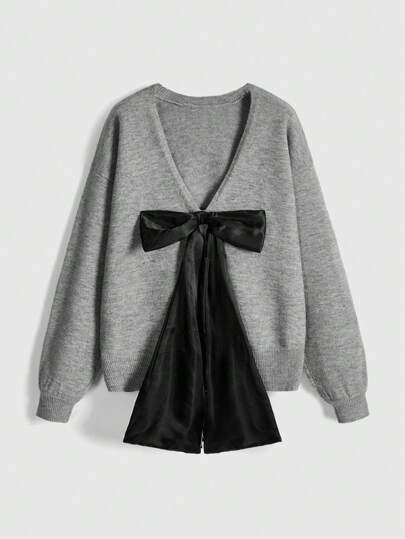 Grunge Punk Suéter suelto y elegante casual y sencillo con lazo decorativo en la espalda, para chicas adolescentes