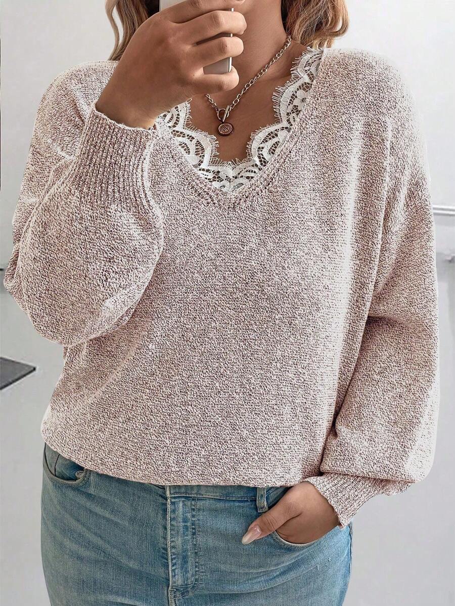 Calvaya Plus Size Women's Loose Lace Collar Long Sleeve Pullover Sweater, Autumn/Winter Knit Pullover Fall Sweater - Dusty Pink - View 1