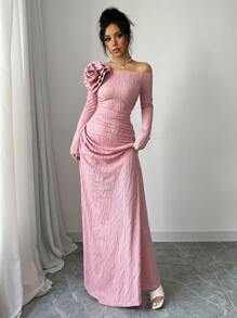 Rafferiza Women Long Sleeve 3D Floral Long Dress