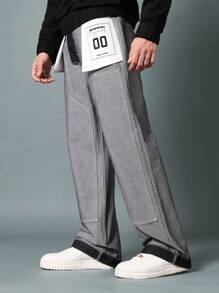 SUMWON Loose Fit Carpenter Panel Jean With Turn Back, Contrast Stitch & Graphic Print - Black - View 2