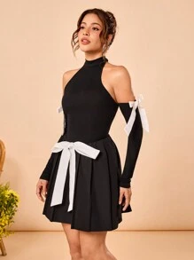 shy_girl 设计师黑白对比缎面蝴蝶结褶皱挂脖迷你连衣裙、春季、节日、婚礼、舞会礼服 - 黑色 - 查看 5