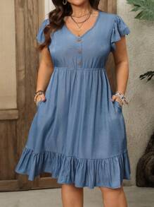EMERY ROSE Plus Size Women V-neck Falbaniaste rękawy Guziki Dekoracja Boho Sukienka Wiosenne Stroje Dla Kobiet Letnie Stroje Dla Kobiet