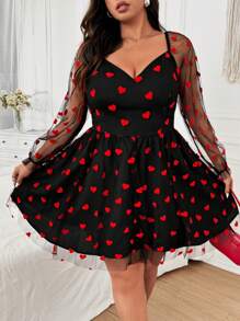 Vionelle 大码女式薄纱心形植绒印花长袖情人节连衣裙，图案有玫瑰、心形、波尔卡圆点、爱心、嘴唇、丘比特、264D 花朵 - 彩色 - 查看 1